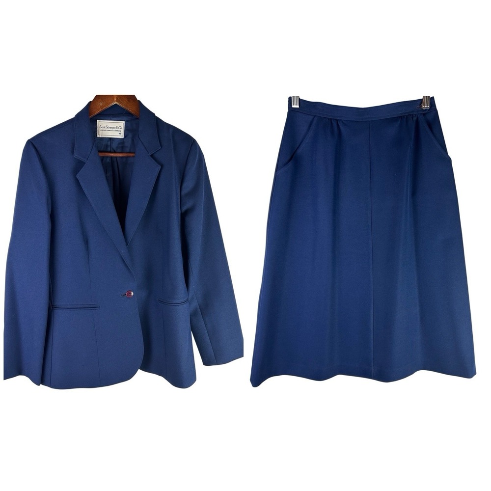 Vintage Levi Strauss Blue Blazer Skirt Suit Set Size 14 80s 90s Power Suit Retro